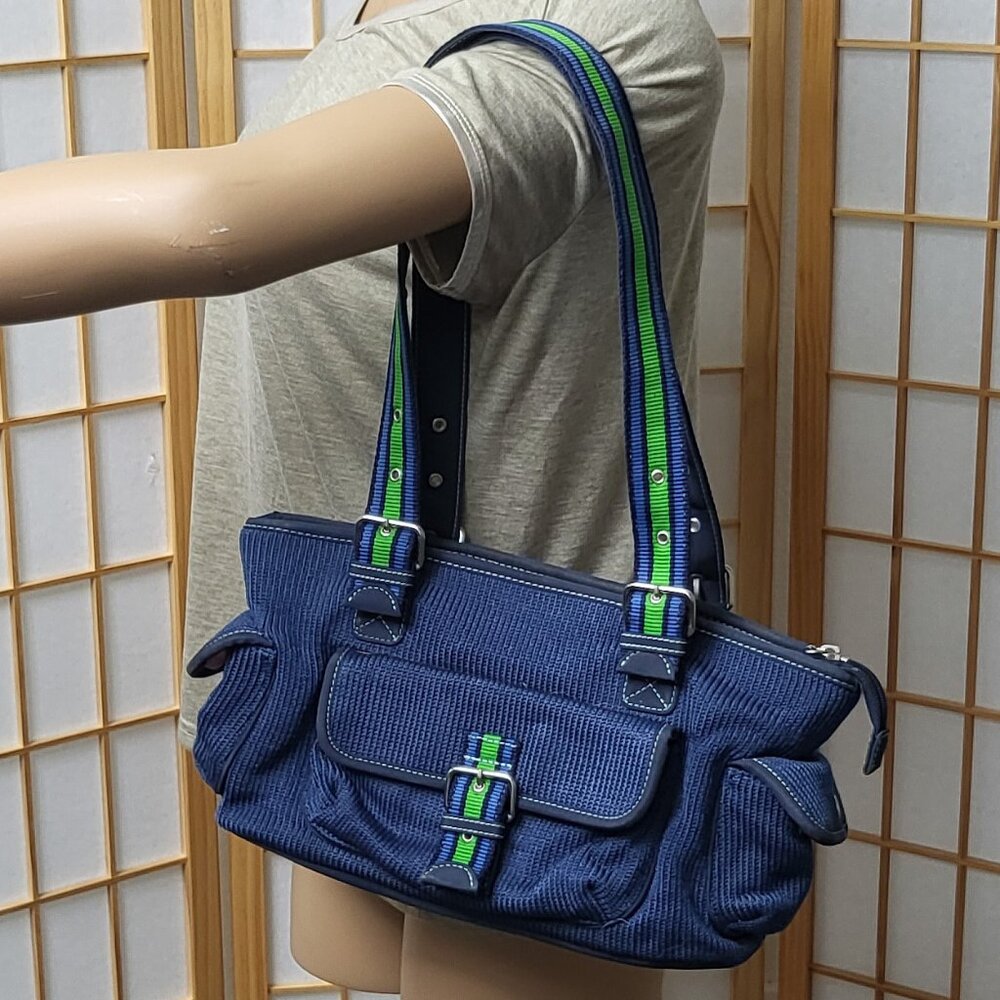 The Sak navy blue and bright green handbag GUC pink lining and coin purse